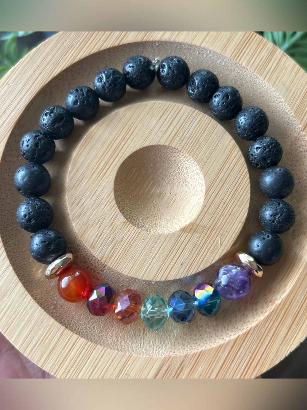 Black Lava Bead Bracelet with Rainbow Crystal Accent